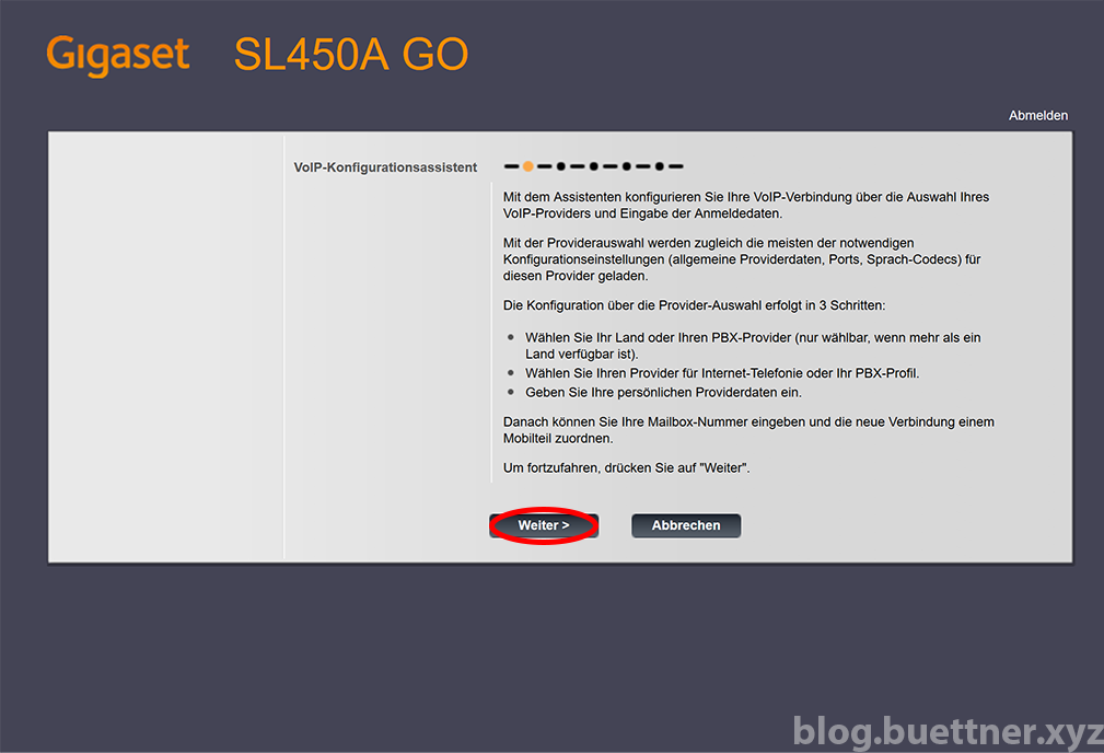 Gigaset GO Website - Assistent für die schnelle Erstkonfiguration - Schritt 1