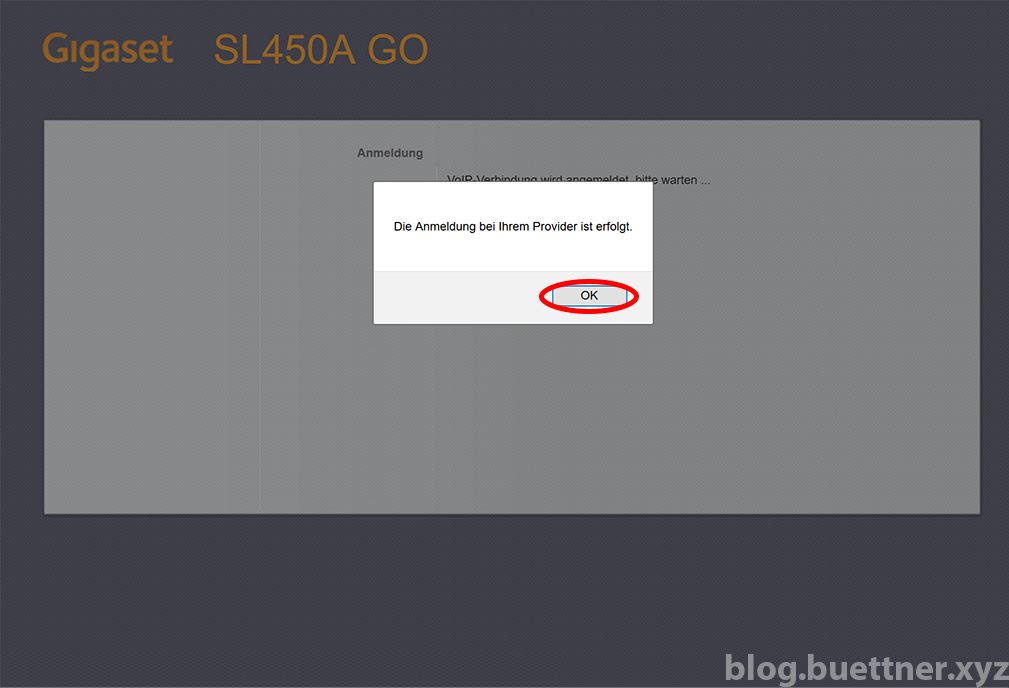 Gigaset GO Website - Assistent für die schnelle Erstkonfiguration - Schritt 4 - Anmeldung erfolgreich