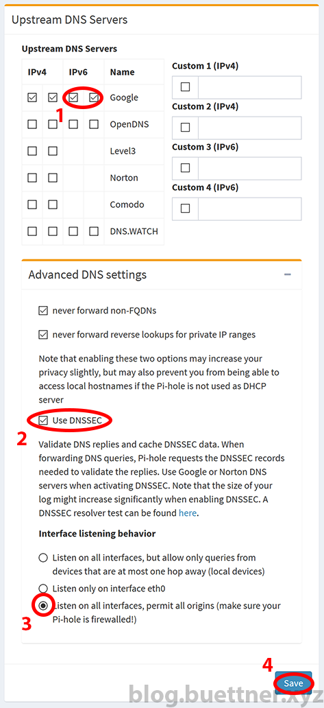Pi-hole Web Admin Interface Einstellungen: DNS Einstellungen konfigurieren